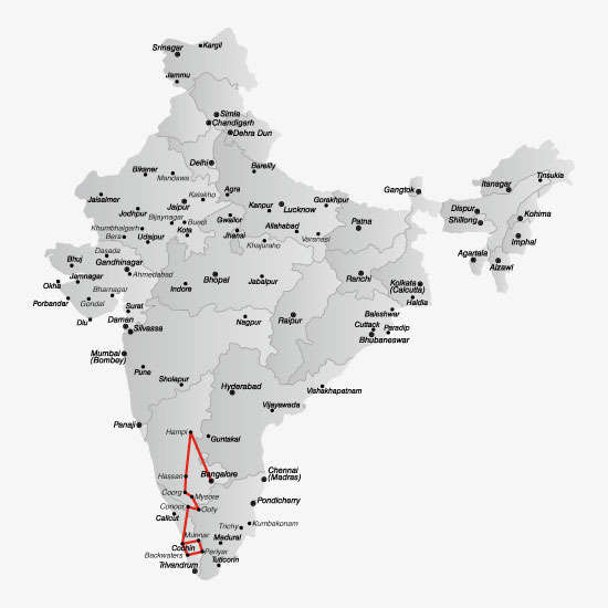 De route van de Compleet Karnataka & Kerala rondreis<br>